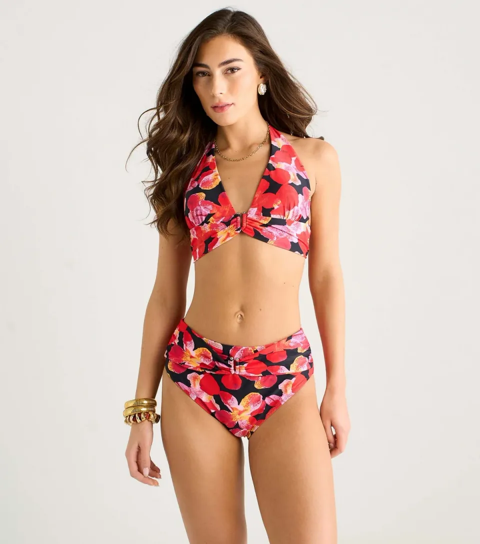 Women's Black Floral Print High Waisted Bikini Bottoms