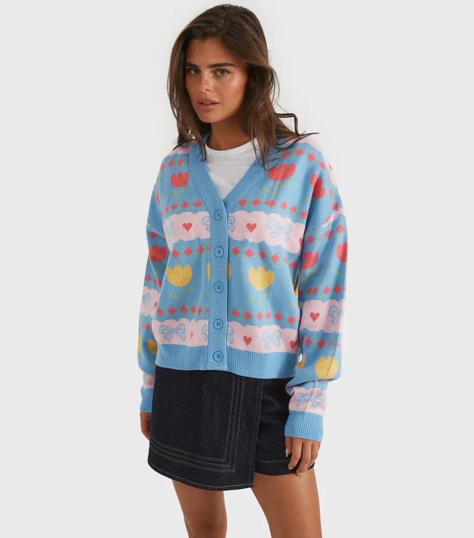 Women's Blue Bow Tulip Knitted Cardigan