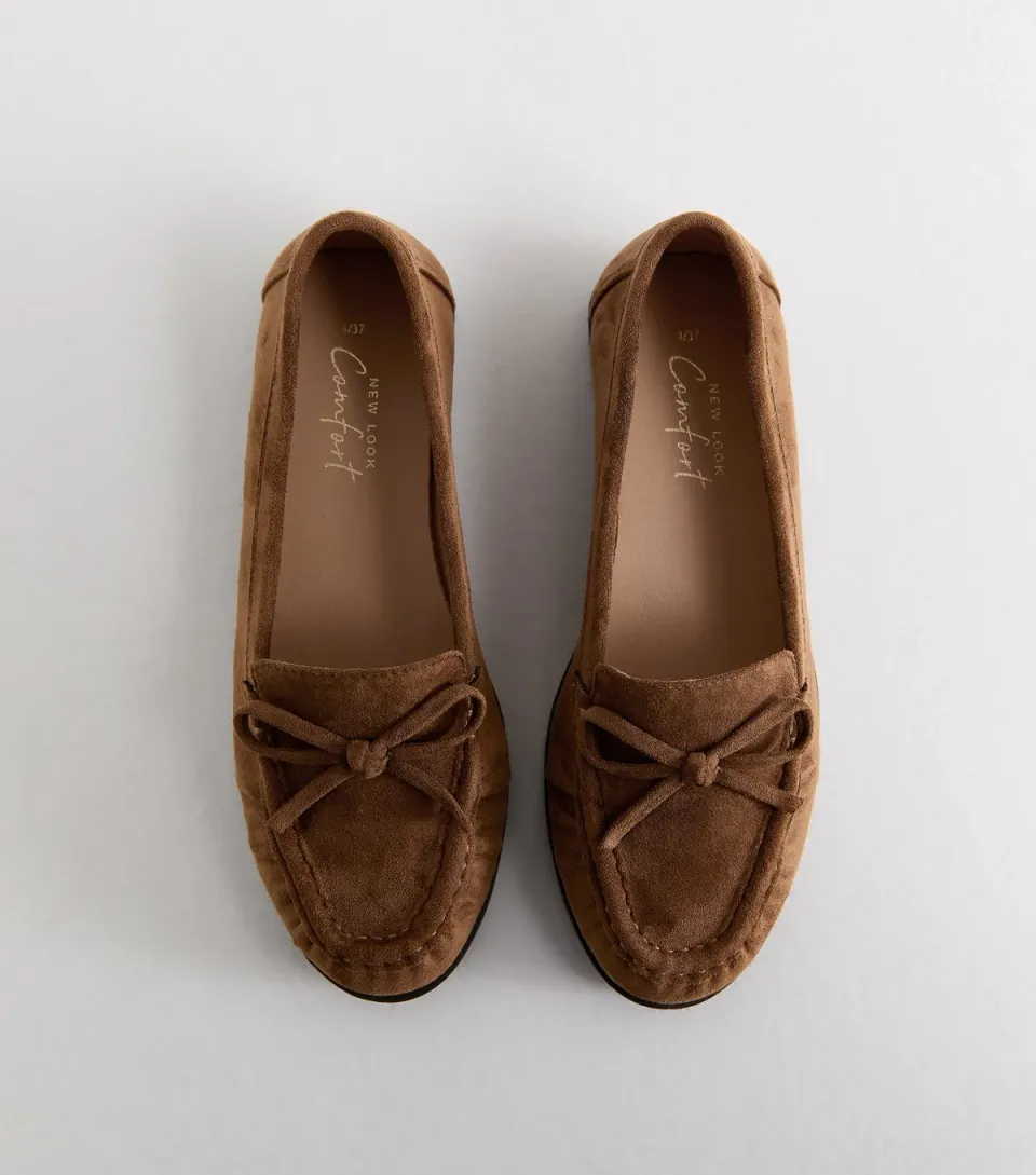 Women's Tan Faux Suede Bow Flat Loafers Vegan