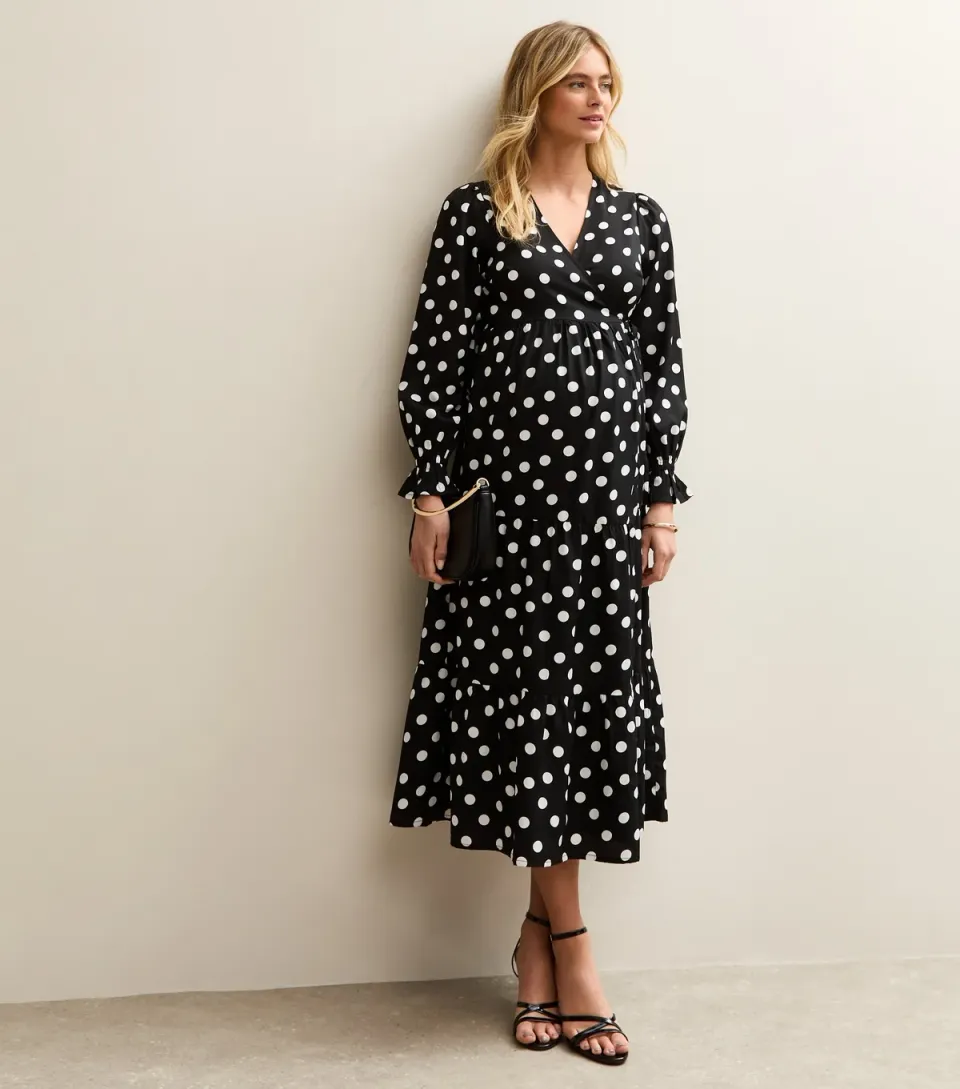 Women's Maternity Black Polka Dot Midi Wrap Dress