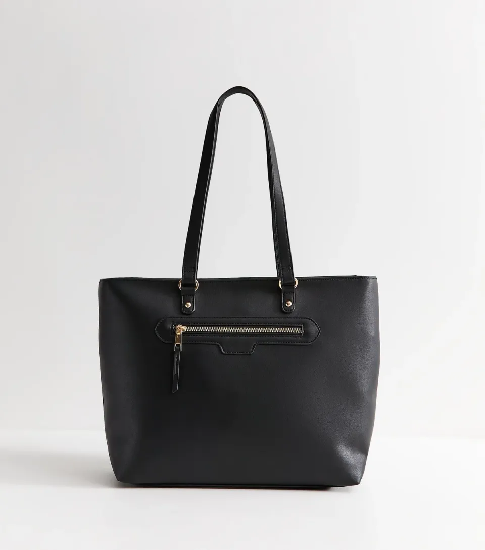 Black Faux Leather Front Zip Pocket Tote Bag Vegan