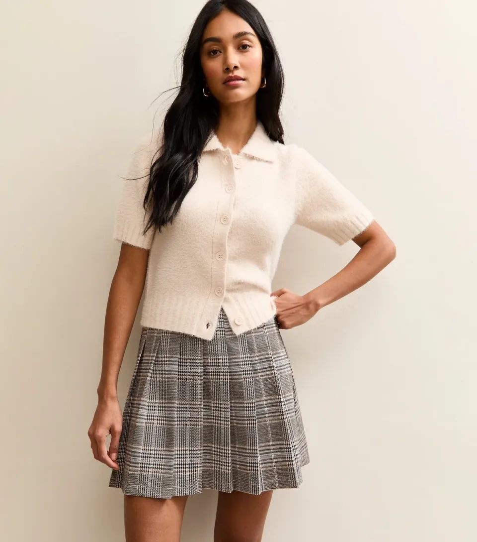 Women's Light Grey Checked Pleated Mini Skirt