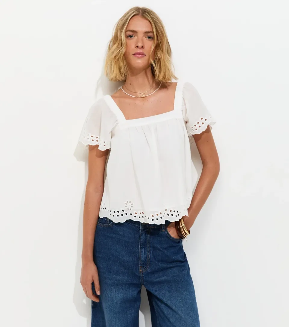 Women's White Embroidered Square Neck Blouse