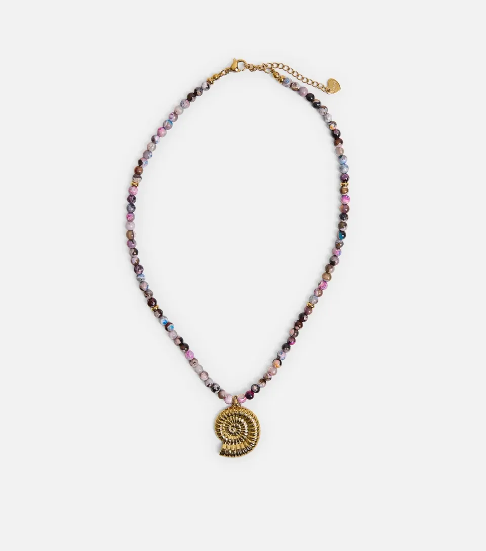 Gold Tone Beaded Shell Pendant Necklace