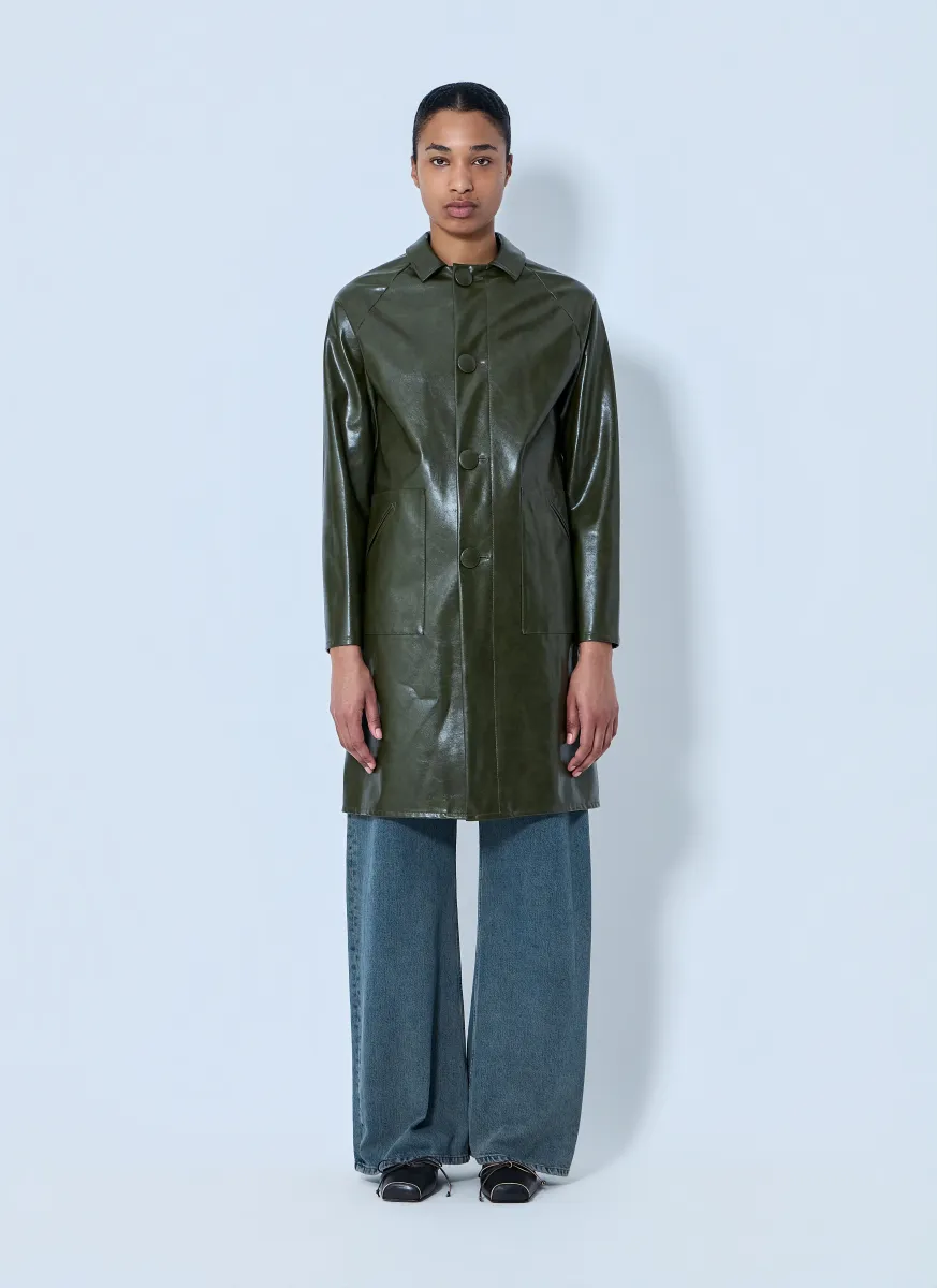 Faux-Leather Button-Up Coat