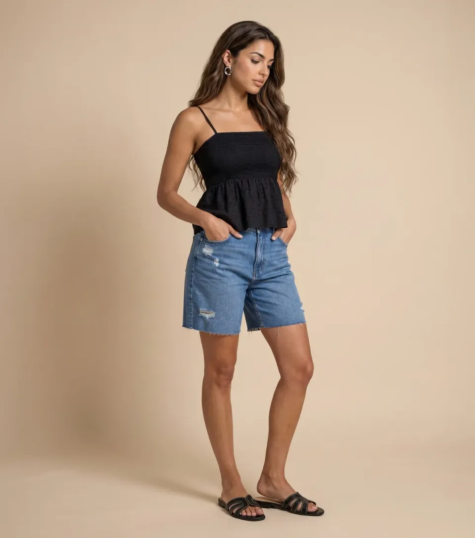 Women's Black Cotton Shirred Strappy Top