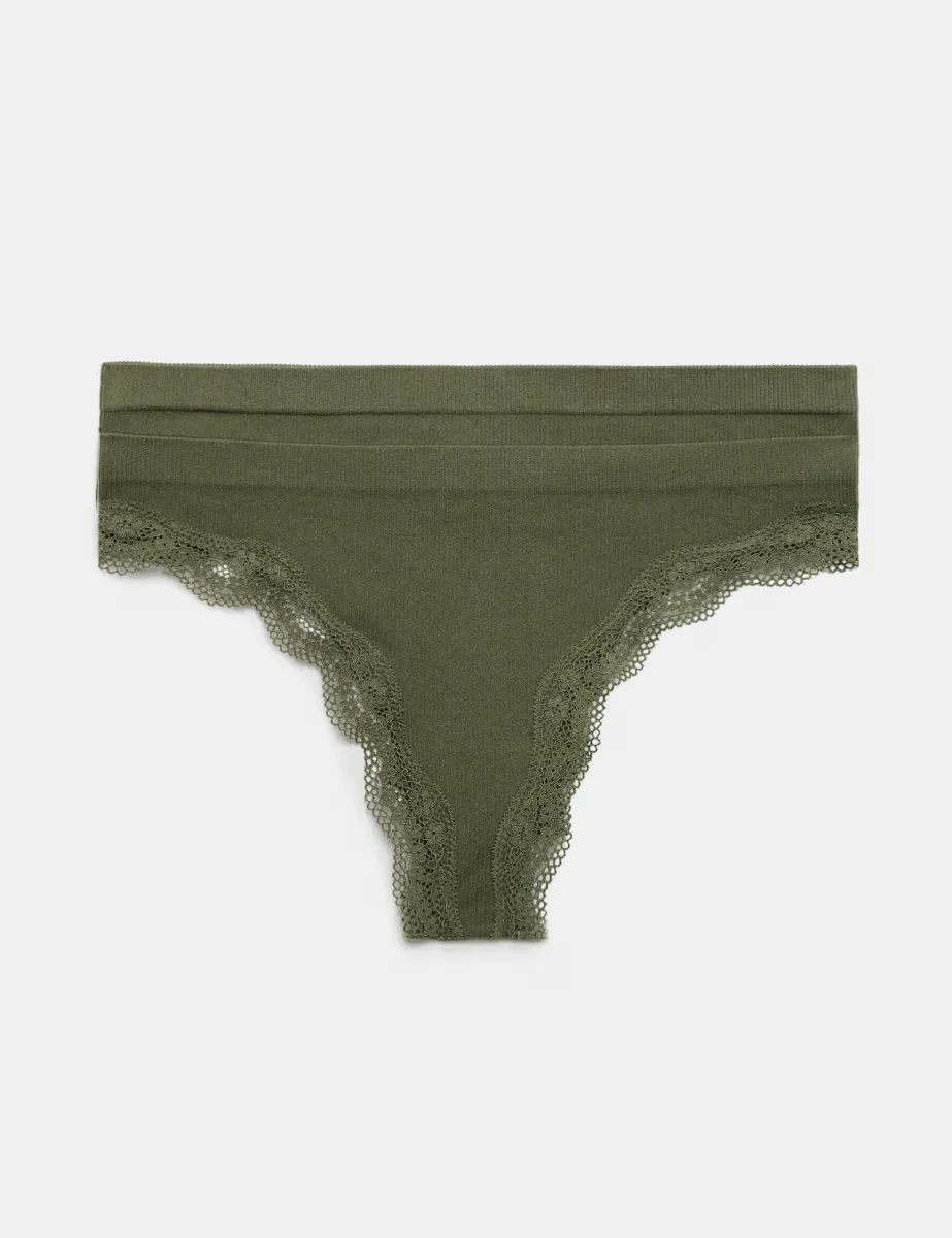 2 Pack Jasmine Lace Seamless Thongs Khaki