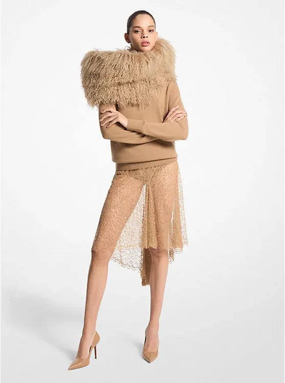 Hand-Embroidered Sequin Chantilly Lace Skirt