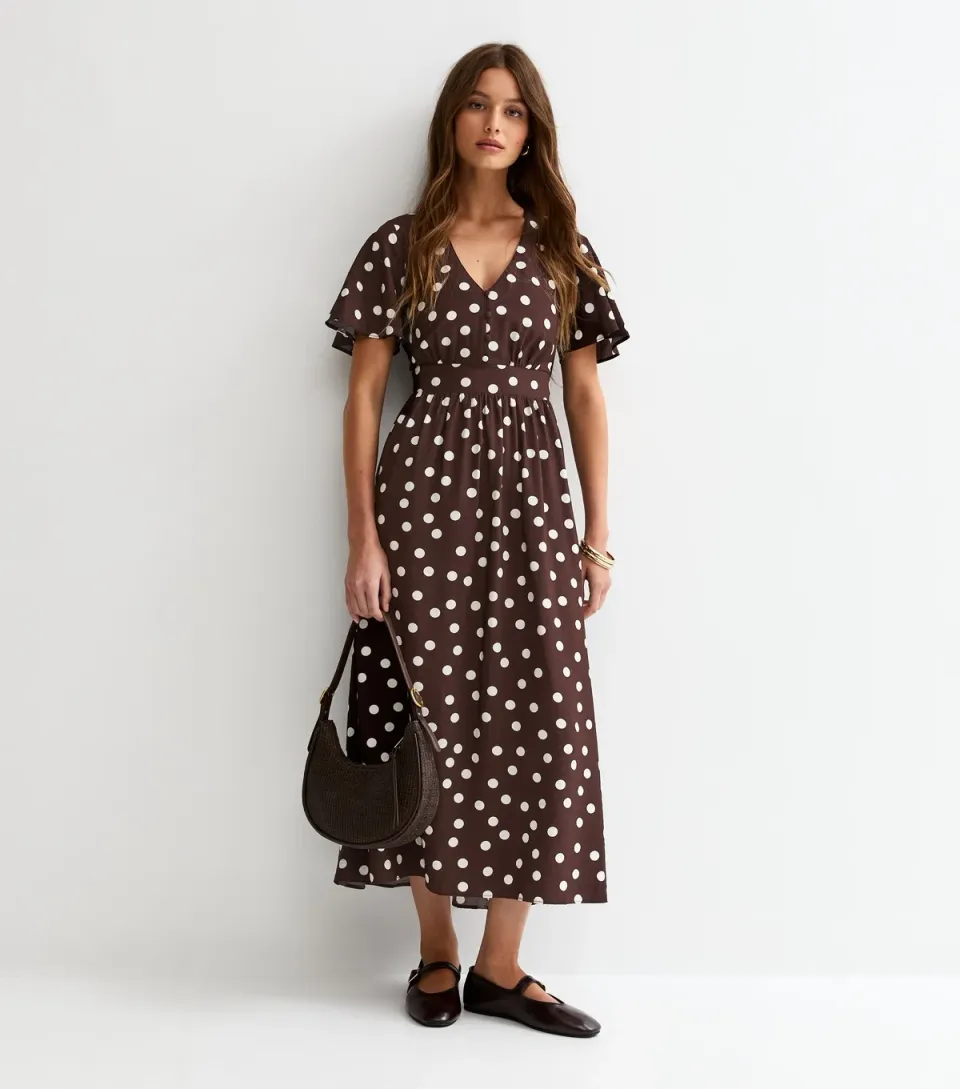Women's Brown Polka Dot Flutter Sleeve Midi Dress