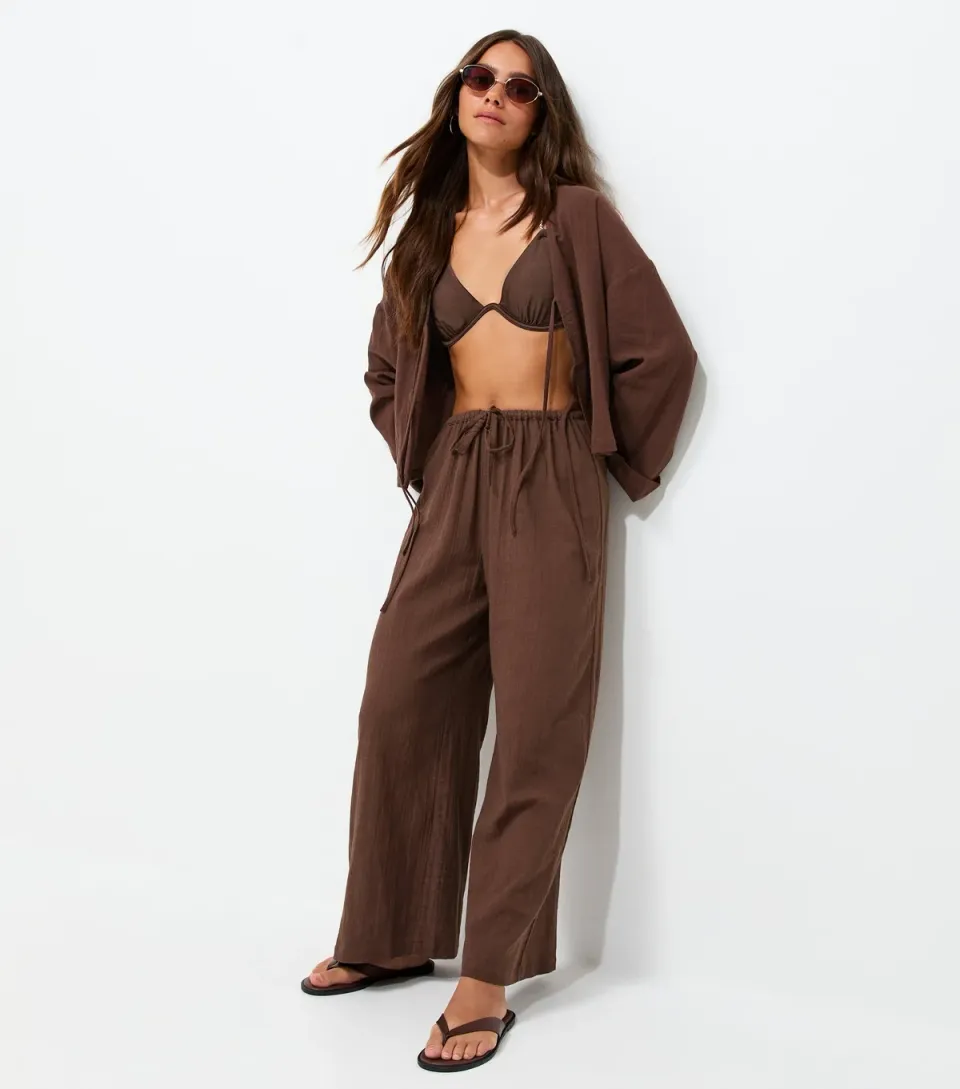 Women's Petite Dark Brown Cotton Wide Leg Slub Trousers