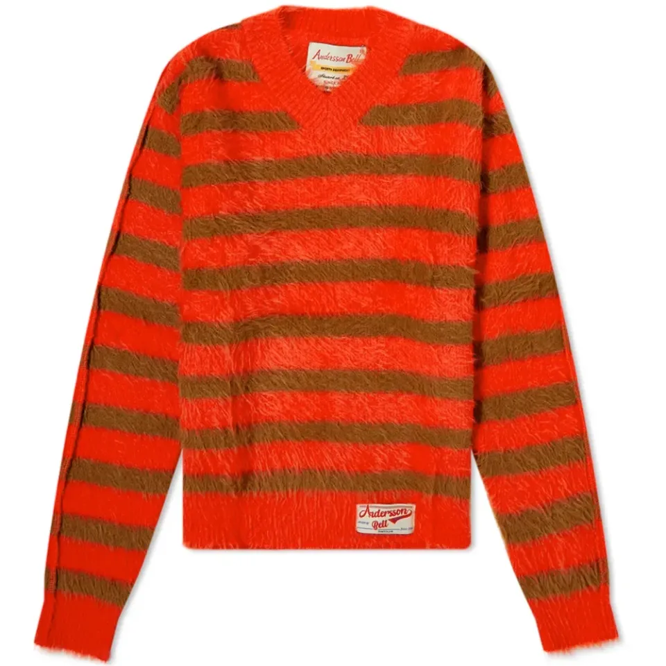 Stripe Fluffy Knit V-Neck Jumper