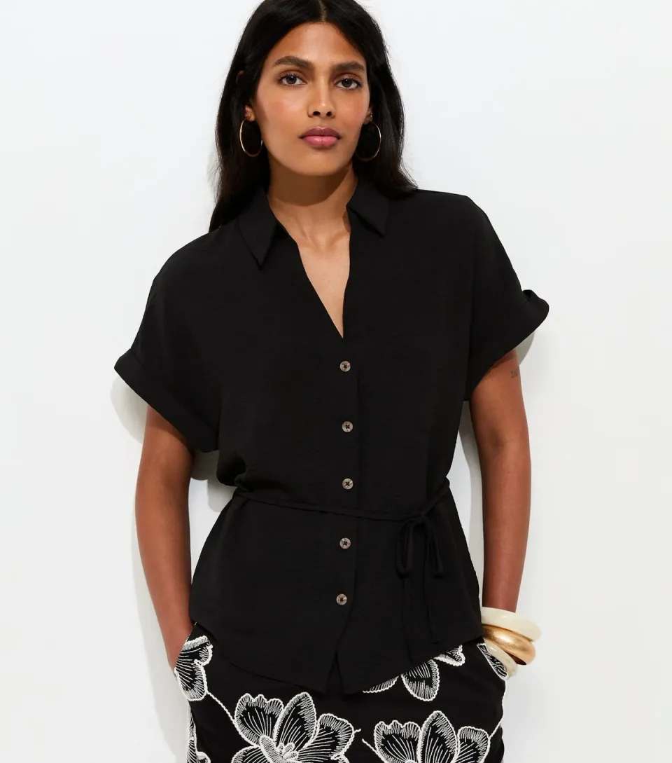 Women's Black Belted Short Sleeve Shirt