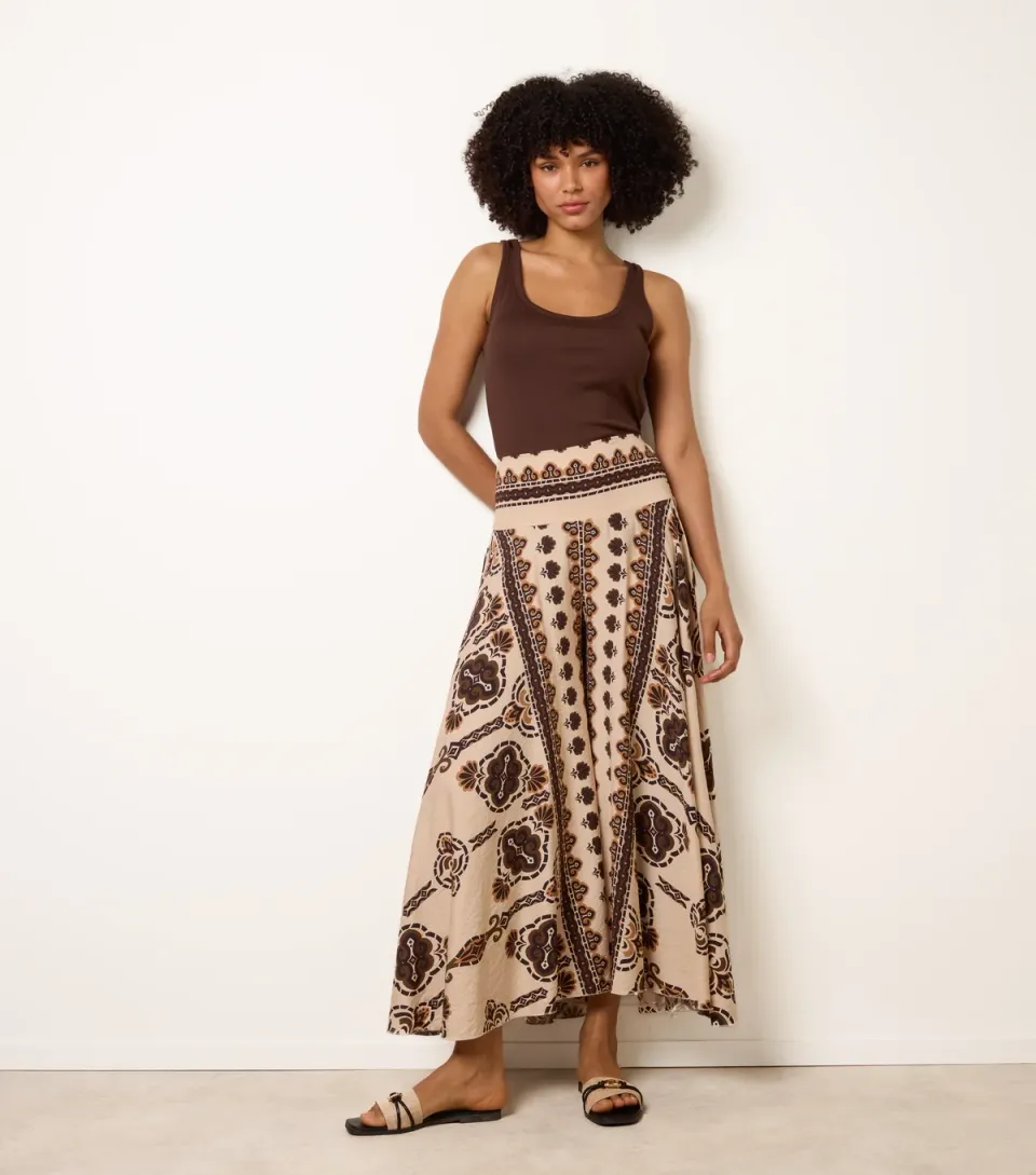 Women's Brown Paisley Deep Waist Flow Trousers