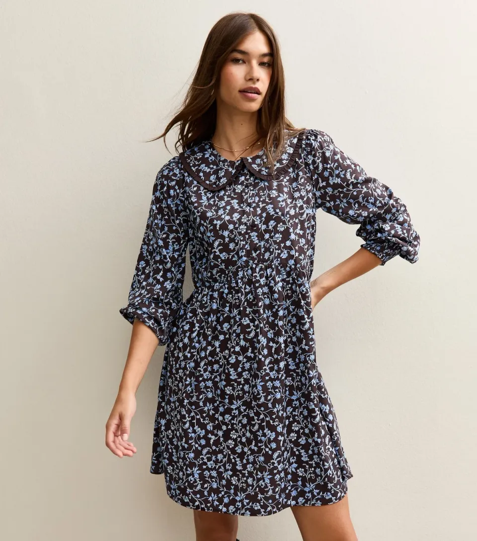 Women's Brown Floral Collar Long Sleeve Skater Mini Dress