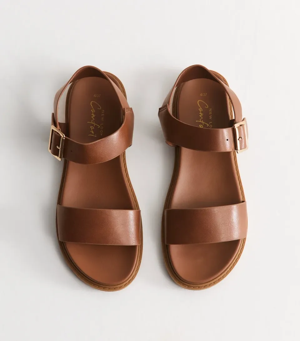 Women's Tan Faux Leather Wide Strap Flat Sandals Vegan