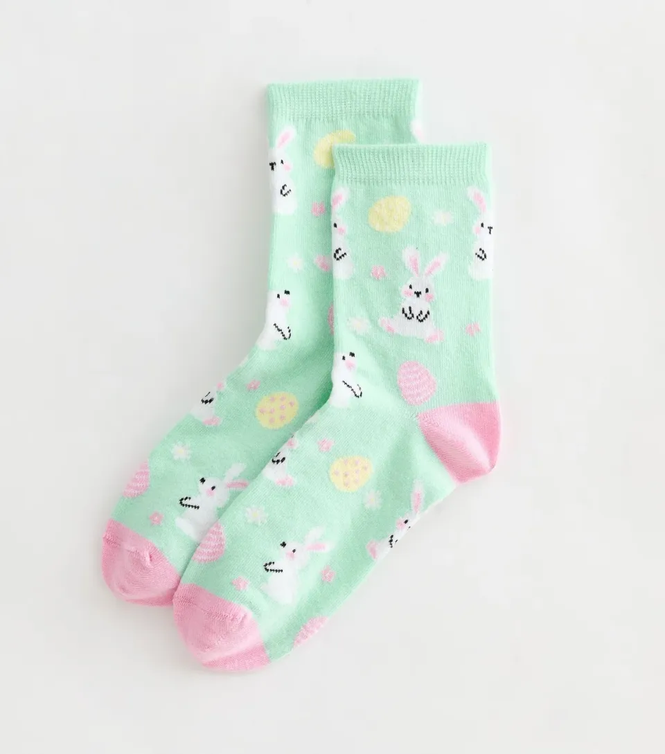 Mint Green Bunny Patterned Ankle Socks