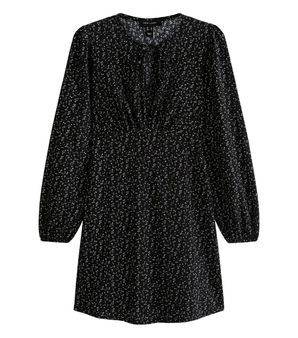 Women's Black Rose Print Crinkle Texture Keyhole Neck Long Sleeve Mini Dress