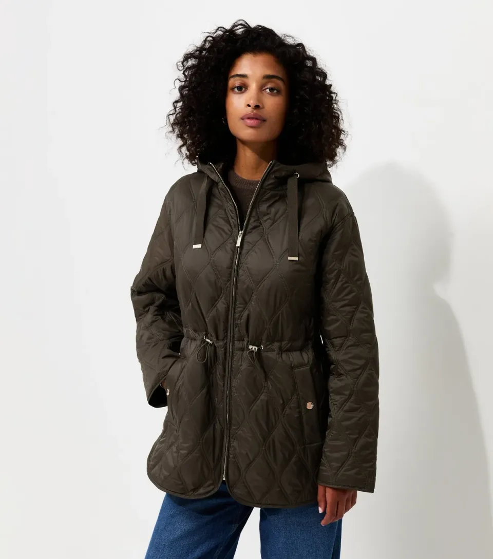 Women's Dark Khaki Quilted Cinched Waist Hooded Jacket