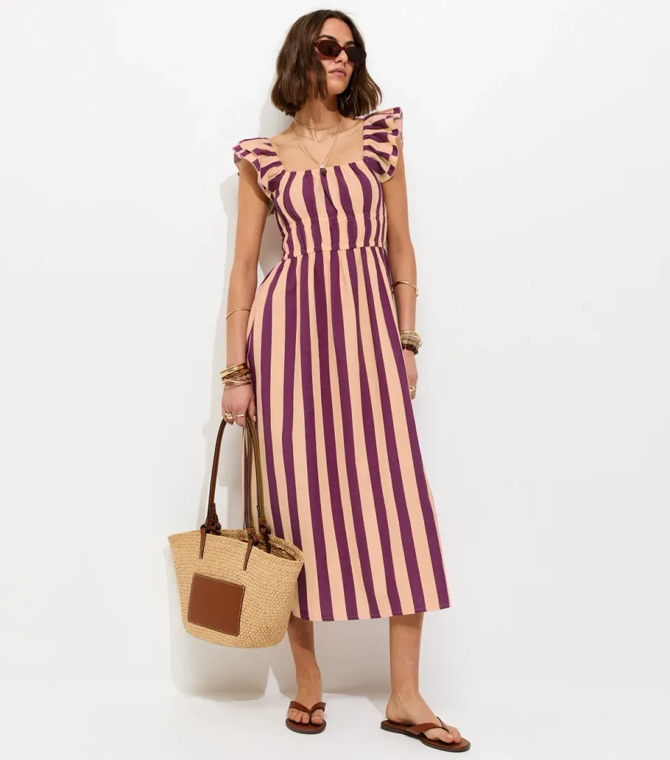 Women's Pink Striped Shirred Frill Trim Midi Dress