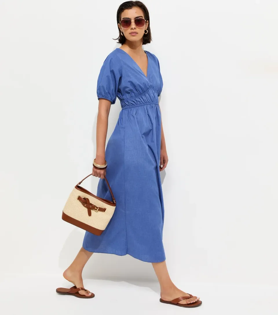 Women's Blue Poplin Ruched Detail Midi Dress
