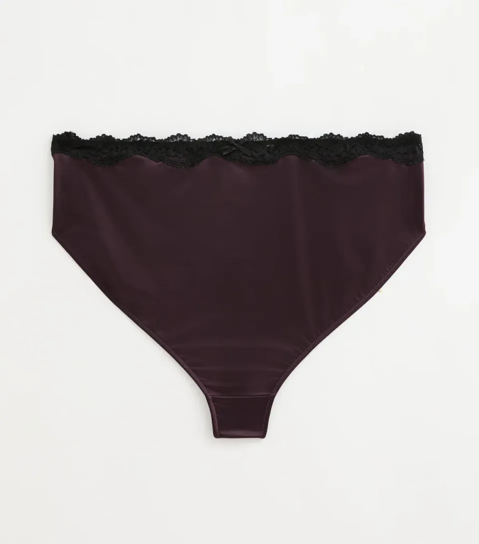 Women's Plus Size Dark Purple Satin and Lace High Waist Thong Curves
