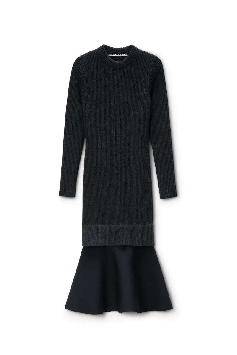 Ribbed Long-Sleeve Dress in Wool