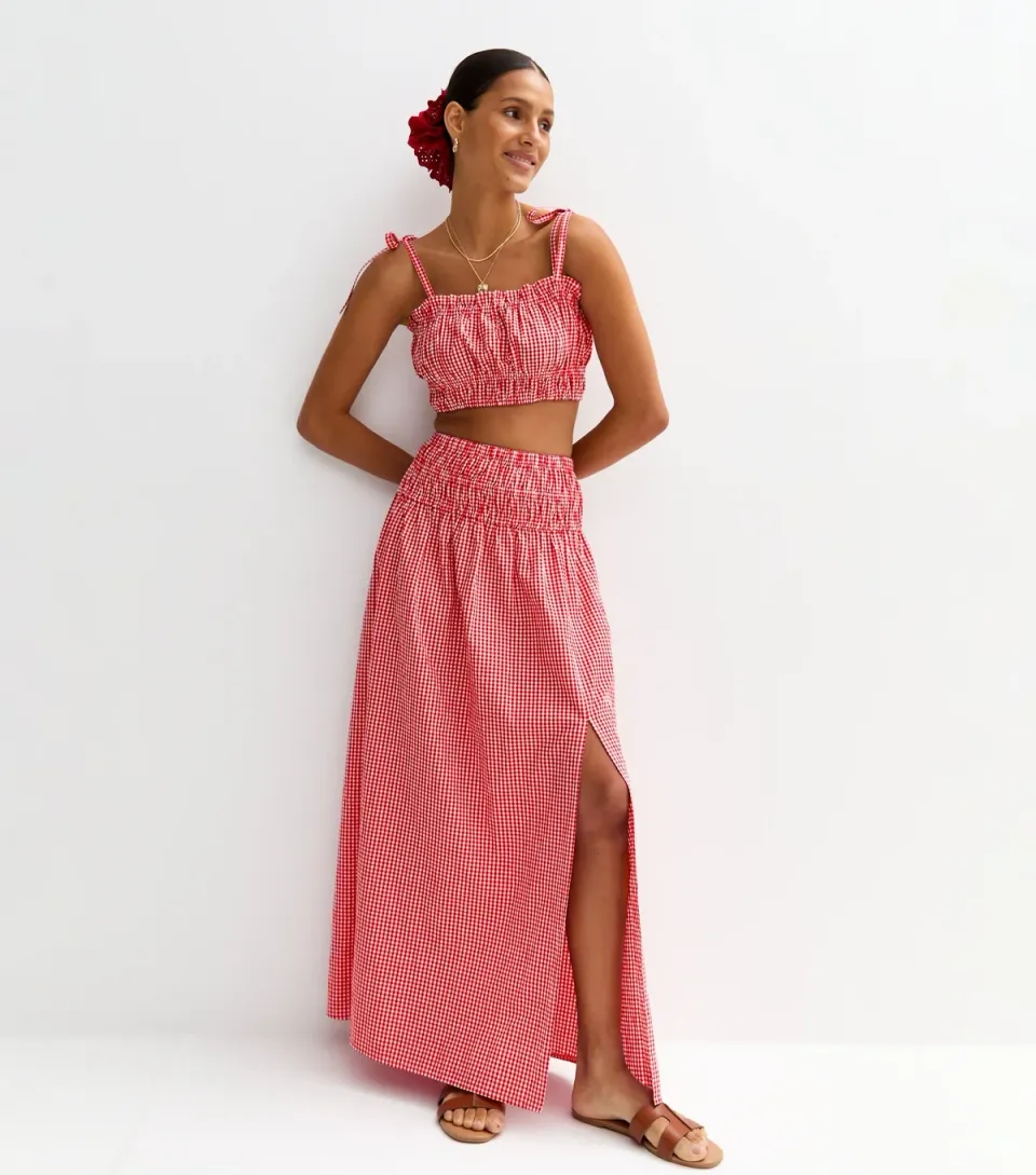 Women's Red Gingham Check Slit Hem Maxi Skirt