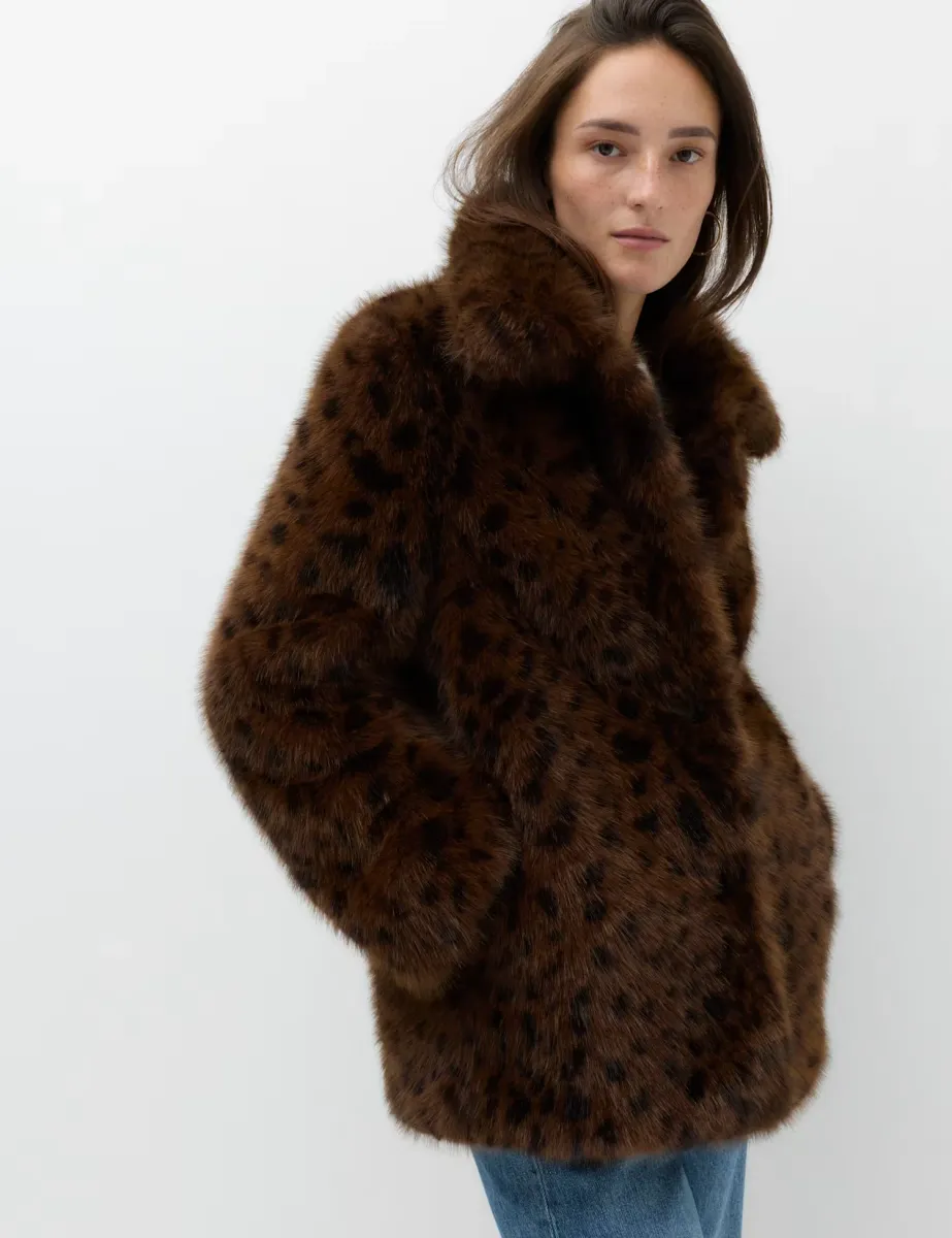 Faux Fur Leopard Print Collared Short Jacket Brown Mix