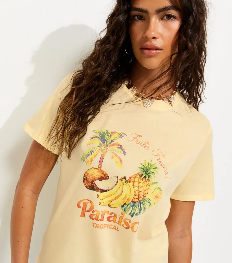 Women's Light Yellow Cotton Paraiso Tropical Fruit Relaxed T-Shirt