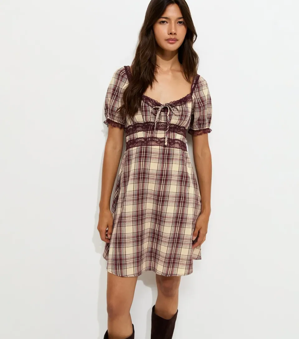 Women's Brown Check Lace Trim Milkmaid Mini Dress