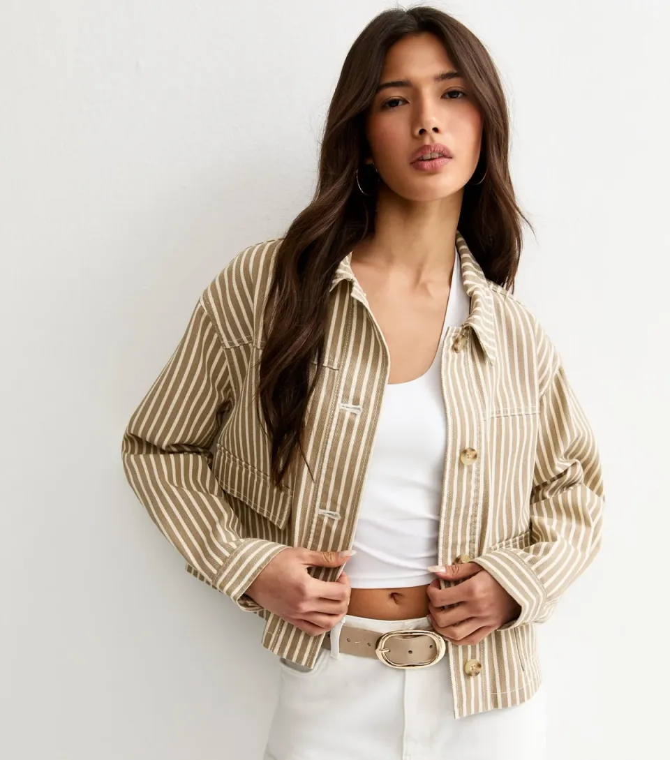 Women's Light Brown Twill Cropped Pinstripe Shacket
