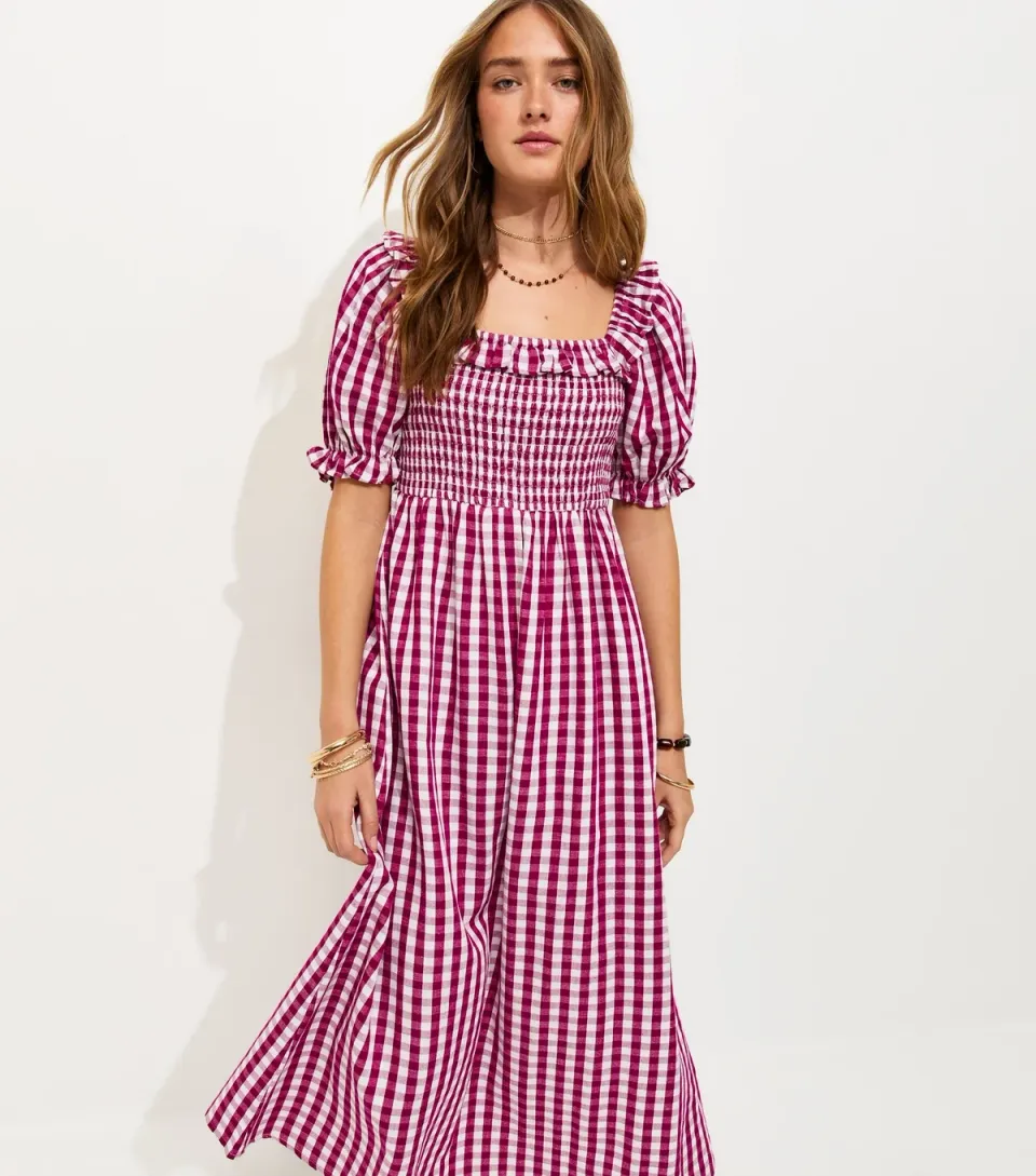 Women's Red Cotton Blend Short Sleeve Gingham Shirred Frill Midi Dress