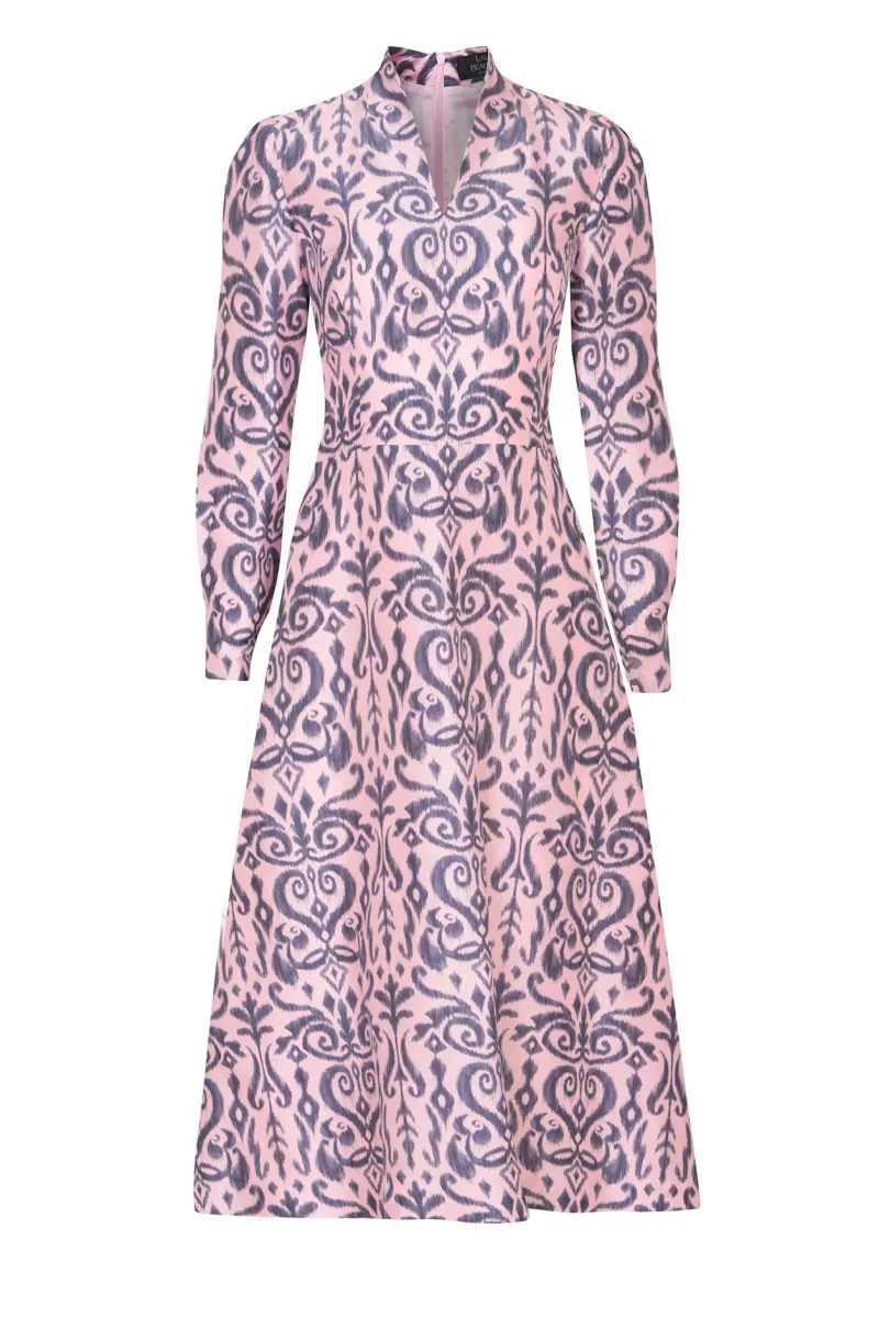 Sophie Dress in Pink/Grey Ikat Printed Silk Shantung
