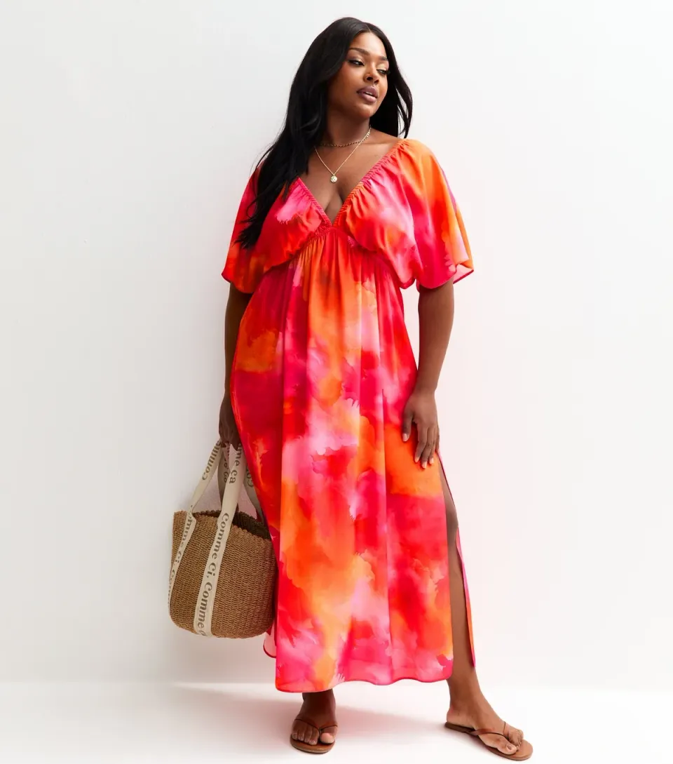 Women's Plus Size Pink Ombre Print V-Neck Beach Maxi Dress Curves
