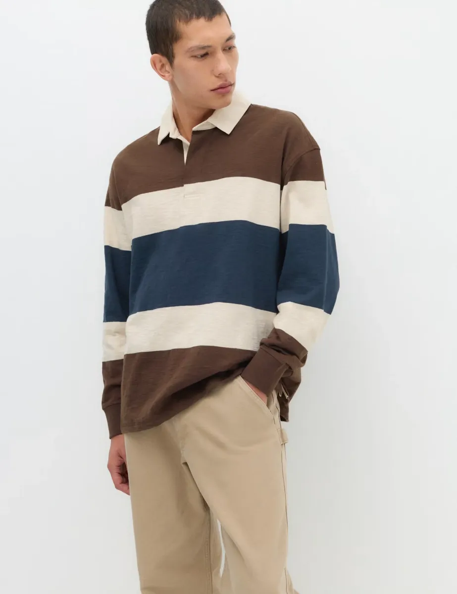 Pure Cotton Colour Block Rugby Shirt Brown Mix