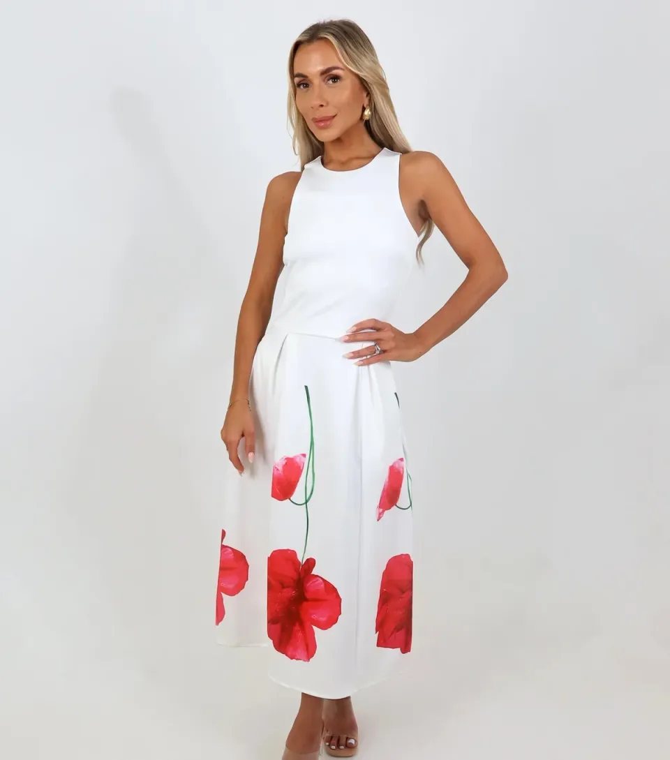 Women's Cream Floral Print Racer Neck Midi Dress