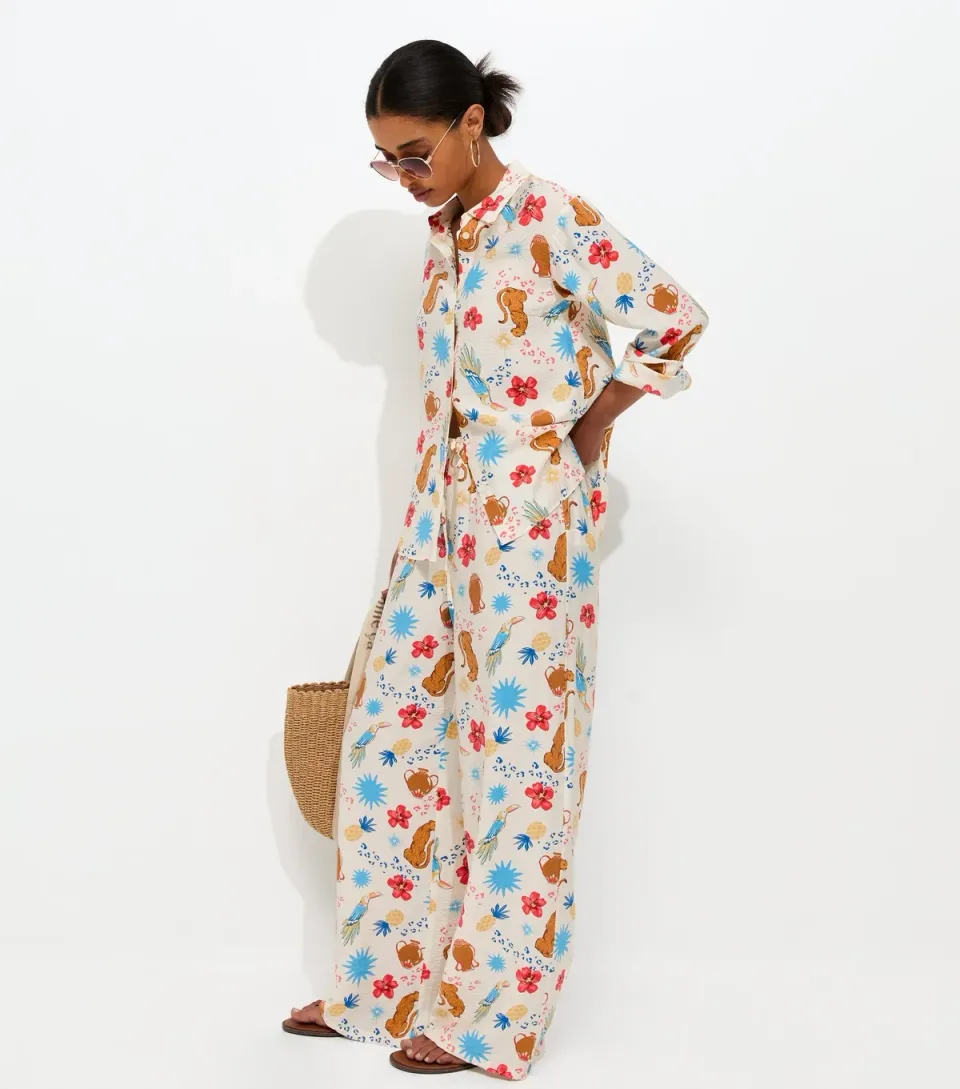 Women's Cream Animal Flower Print Wide Leg Trousers