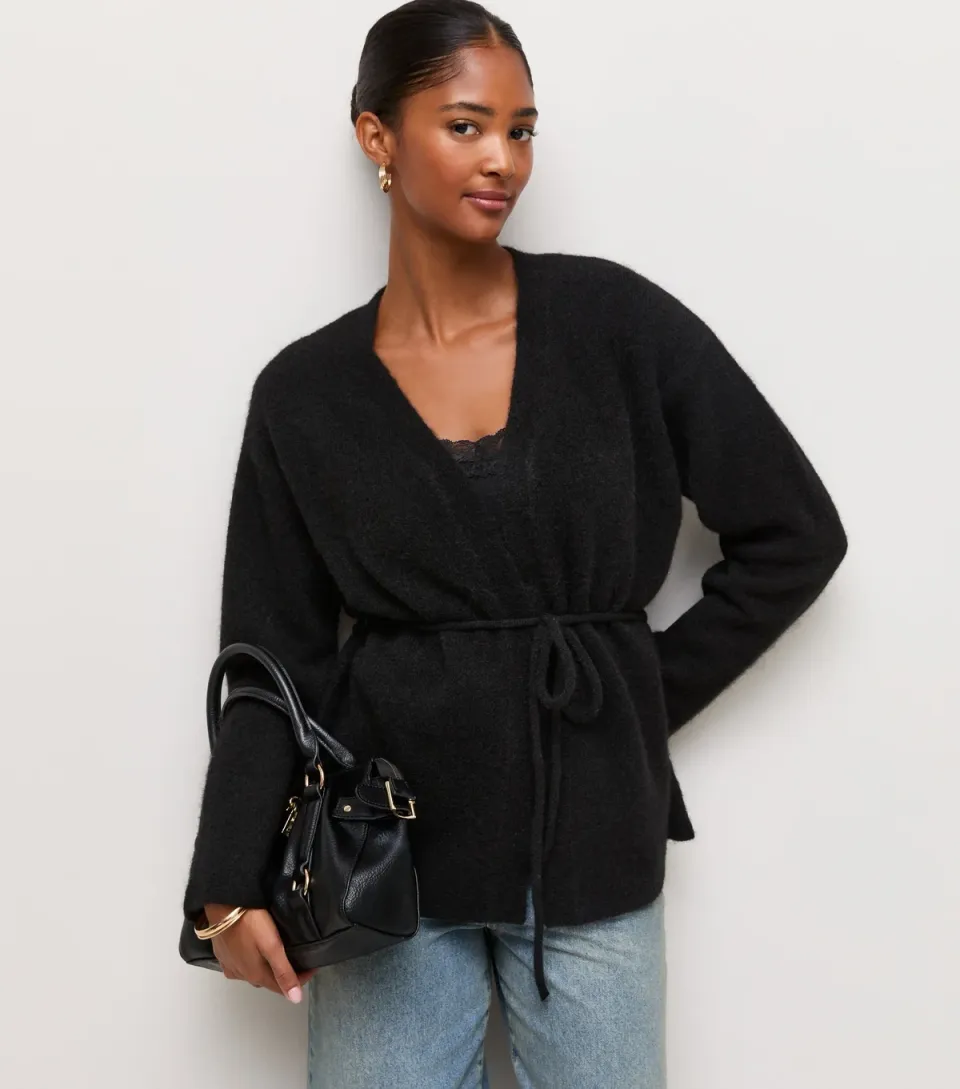 Women's Black Knit Wrap Belt Cardigan
