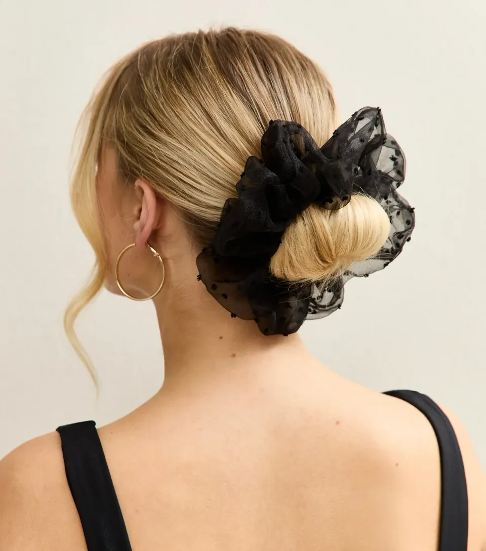 Black Oversized Textured Mesh Scrunchie