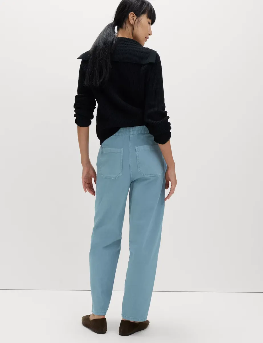 Pure Cotton Elasticated Waist Carrot Leg Trousers Blue