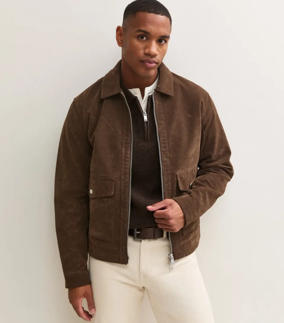 Men's Dark Brown Faux Suede Zip Up Jacket