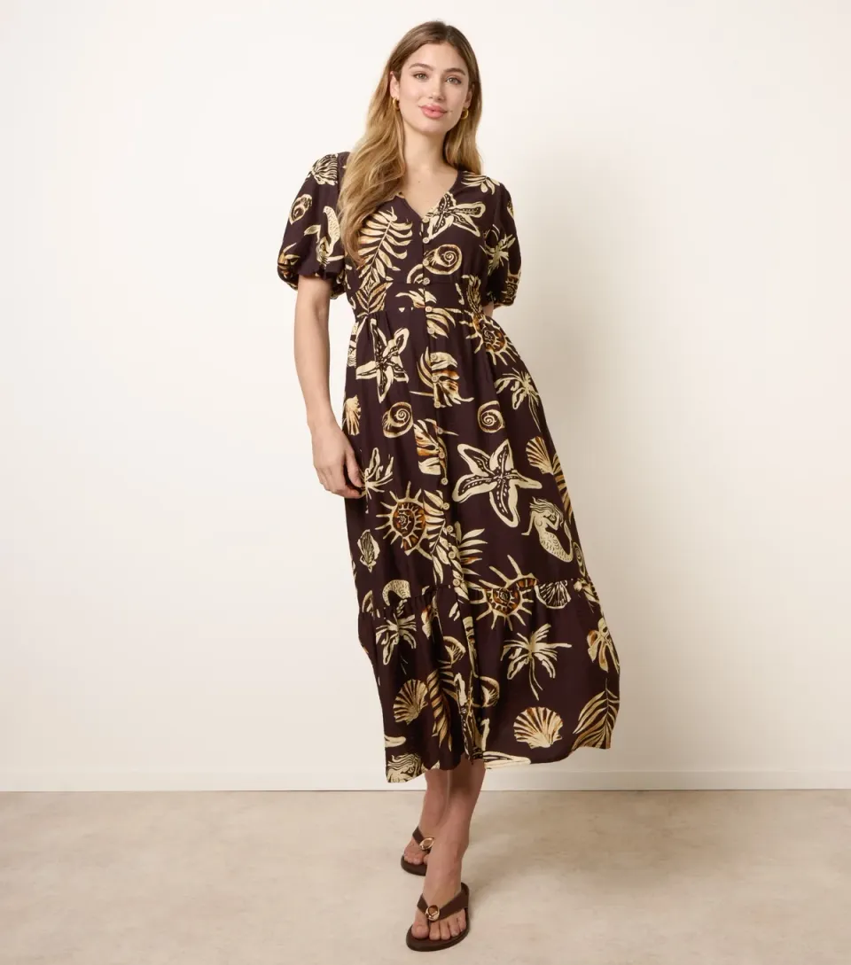 Women's Dark Brown Starfish Print Midi Dress
