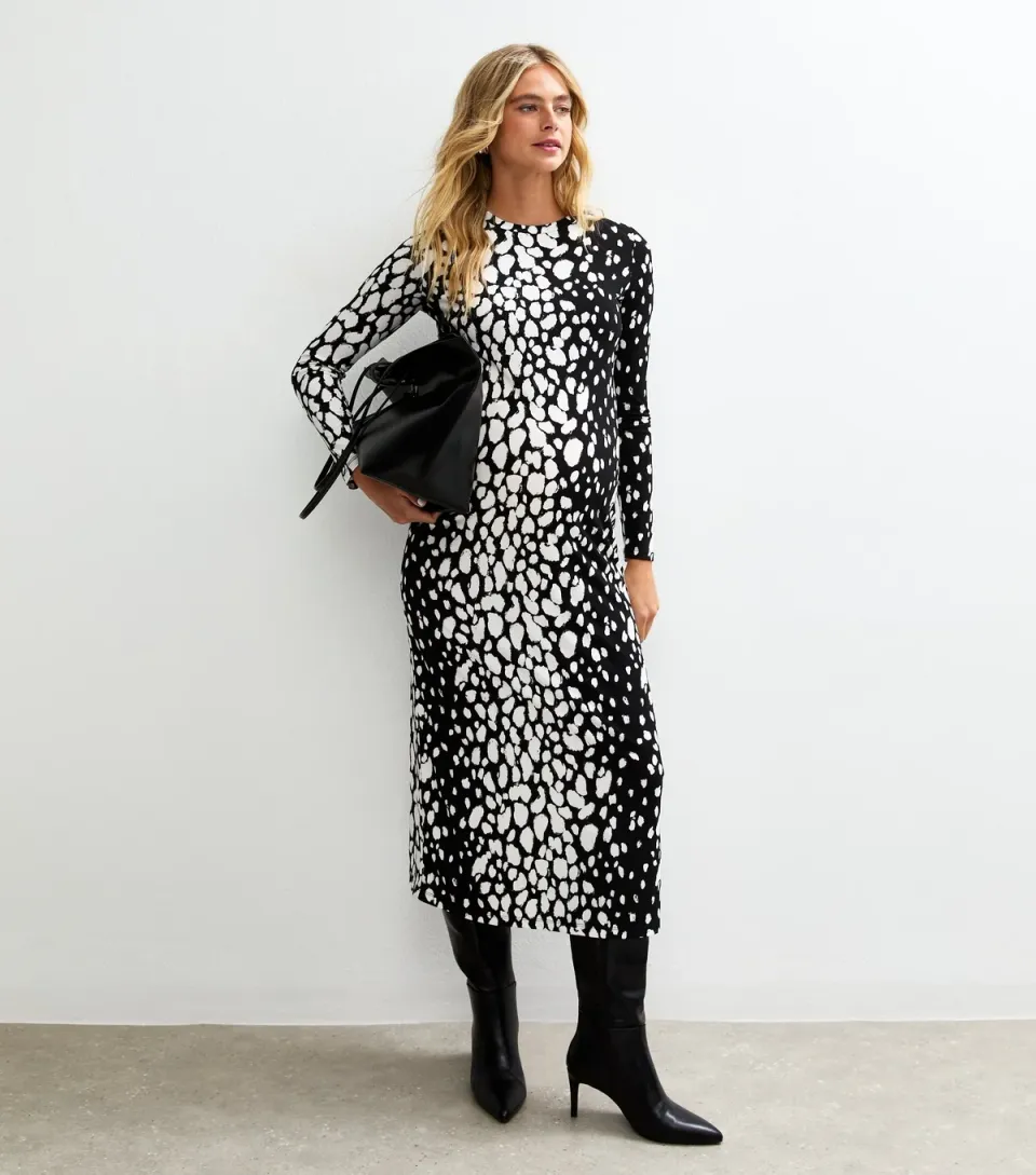 Women's Maternity Black Abstract Pattern Long Sleeve Midi Dress
