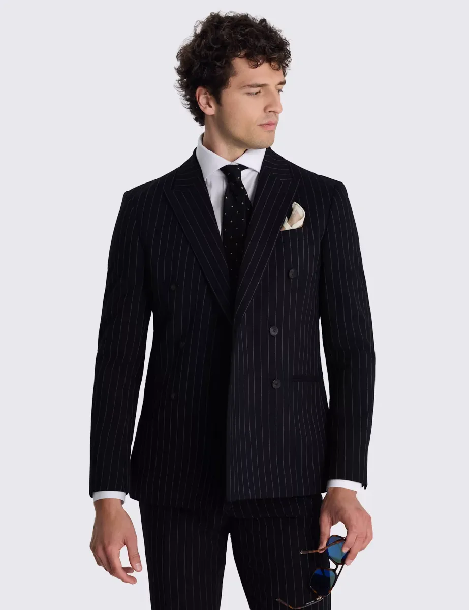 Slim Fit Striped Double Breasted Suit Jacket Navy