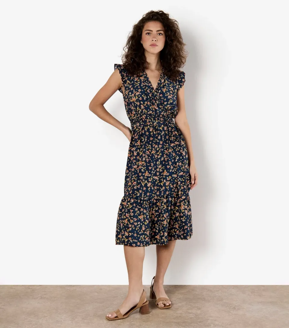 Women's Navy Flora Print Wrap Dress