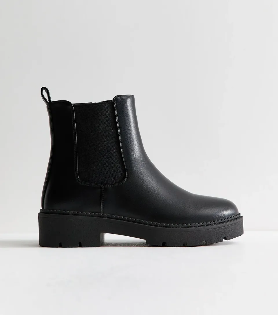 Women's Black Faux Leather Chunky Sole Chelsea Boots Vegan
