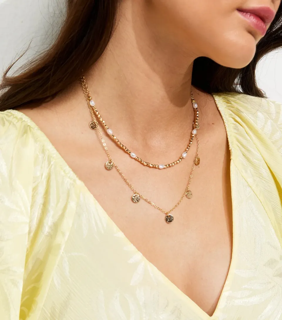 Gold Tone 2 Layer Beaded Disc Necklace