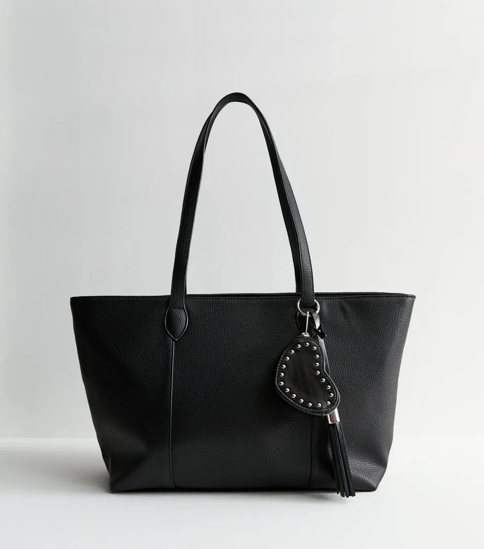 Black Leather Look Charm Tote Bag Vegan
