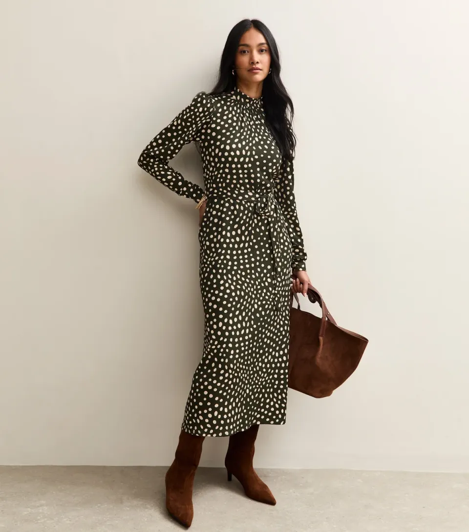 Women's Green Spotty High Neck Midi Dress