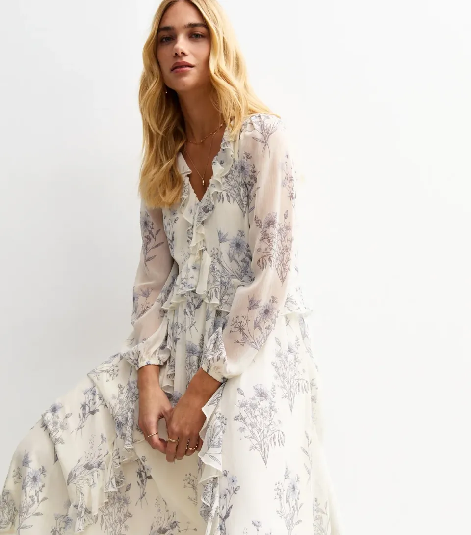 Women's White Floral Print Ruffle Trimmed Chiffon Midi Dress